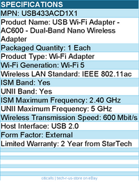 StarTech USB433ACD1X1 Wireless USB WiFi Adapter -Dual Band AC600 Wireless Dongle