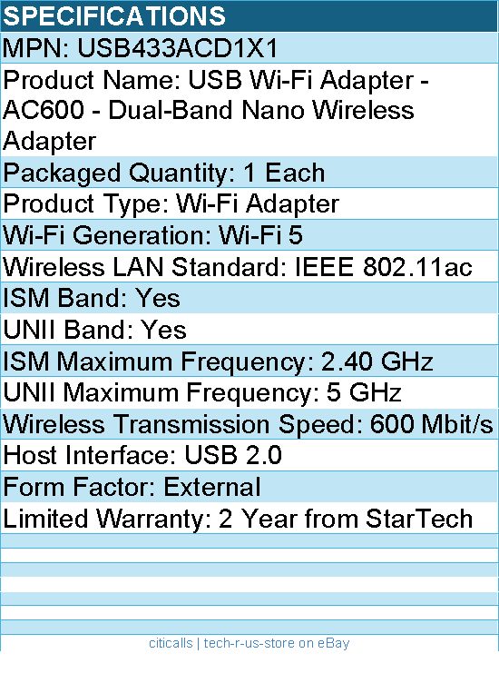 StarTech USB433ACD1X1 Wireless USB WiFi Adapter -Dual Band AC600 Wireless Dongle