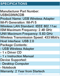 StarTech USB433WACDB Wireless-AC USB2.0 AC600 Mini Dual Band Network Adapter