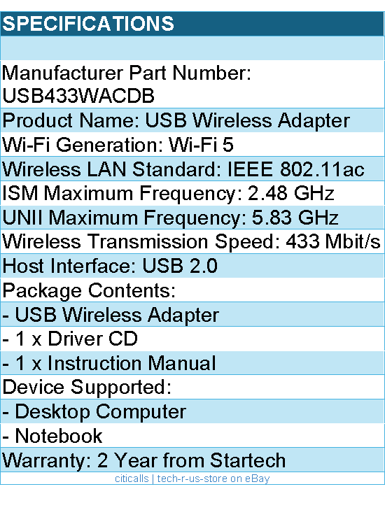 StarTech USB433WACDB Wireless-AC USB2.0 AC600 Mini Dual Band Network Adapter