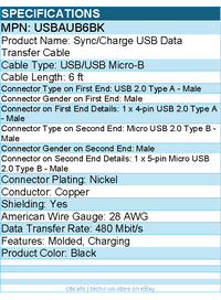 StarTech USBAUB6BK 6 ft Mobile Charge Sync USB to Slim Micro USB Cable