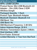 StarTech USBBT2EDR4 Mini USB Bluetooth 4.0 Adapter - External