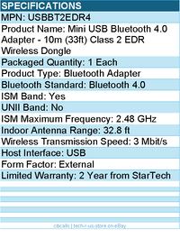 StarTech USBBT2EDR4 Mini USB Bluetooth 4.0 Adapter - External