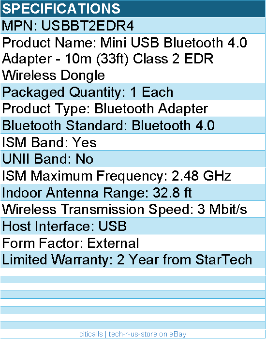 StarTech USBBT2EDR4 Mini USB Bluetooth 4.0 Adapter - External