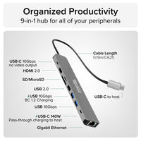 Plugable USBC-9IN1E USB C Hub Multiport Adapter 9in1 140W - Docking Station
