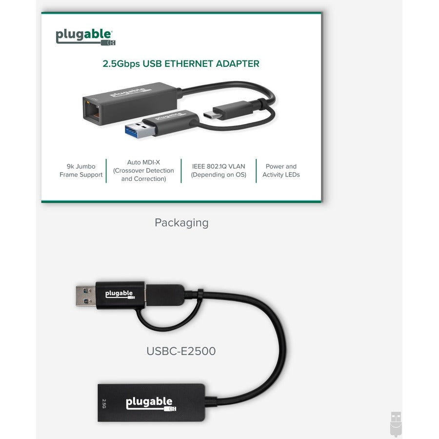 Plugable USBC-E2500 2.5G USB-C and USB to Ethernet Adapter