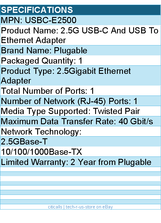 Plugable USBC-E2500 2.5G USB-C and USB to Ethernet Adapter