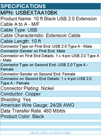 StarTech USBEXTAA10BK 10 ft Black USB 2.0 Extension Cable A to A - M/F