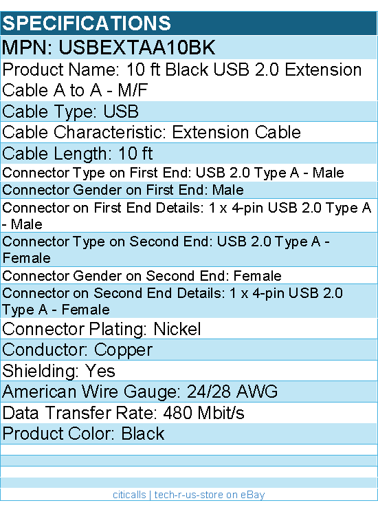 StarTech USBEXTAA10BK 10 ft Black USB 2.0 Extension Cable A to A - M/F