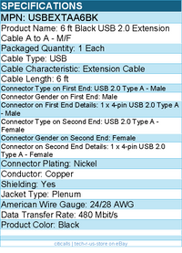 StarTech USBEXTAA6BK 6 ft Black USB 2.0 Extension Cable A to A - M/F - Black