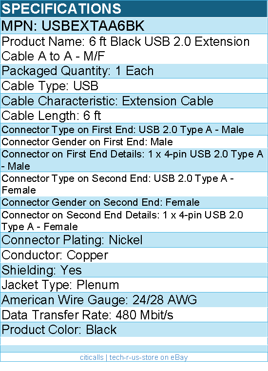 StarTech USBEXTAA6BK 6 ft Black USB 2.0 Extension Cable A to A - M/F - Black