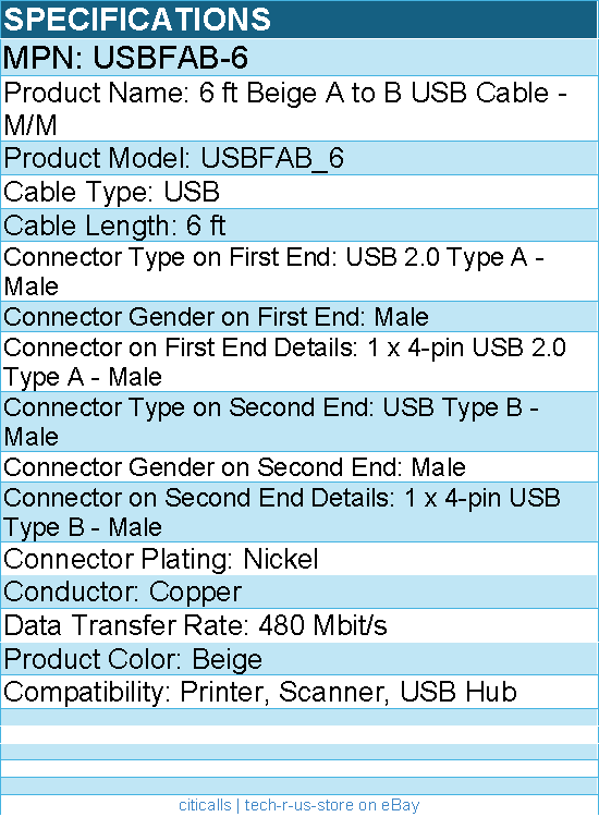 StarTech USBFAB-6 ft Beige A to B USB Cable - M/M for Printer, Scanner