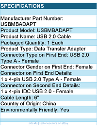 StarTech USBMBADAPT 6" USB A Female to USB Motherboard 4-Pin Header Adapter
