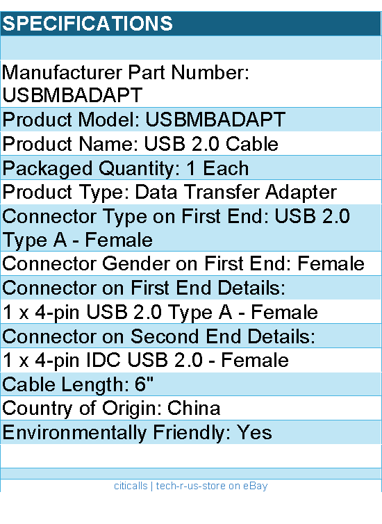 StarTech USBMBADAPT 6" USB A Female to USB Motherboard 4-Pin Header Adapter