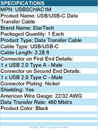 StarTech USBSCHAC1M 3ft (1m) Secure Charging Cable, USB-A to USB-C