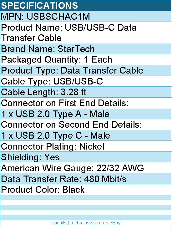 StarTech USBSCHAC1M 3ft (1m) Secure Charging Cable, USB-A to USB-C