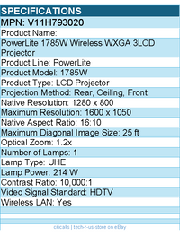 Epson V11H793020 PowerLite 1785W LCD Projector - 16:10 - 1280 x 800