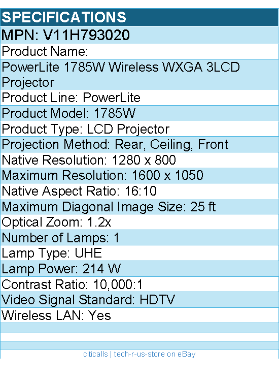 Epson V11H793020 PowerLite 1785W LCD Projector - 16:10 - 1280 x 800