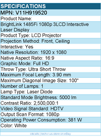 Epson V11H919520 BrightLink 1485Fi Ultra Short Throw LCD Projector - 16:9