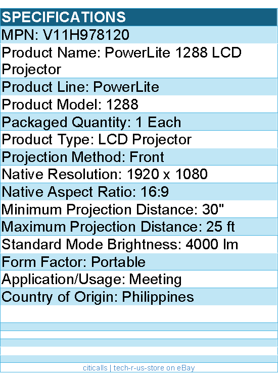 Epson V11H978120 PowerLite 1288 LCD Projector - 16:9 - 1920 x 1080