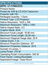 Epson V11H982020 PowerLite X49 3LCD XGA Classroom Projector