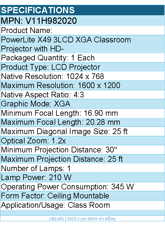 Epson V11H982020 PowerLite X49 3LCD XGA Classroom Projector