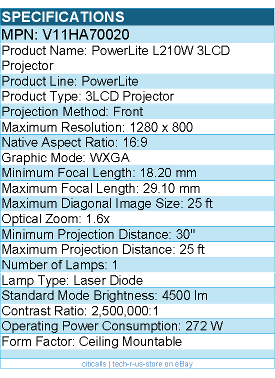Epson V11HA70020 PowerLite L210W 3LCD Projector - 16:9 - 1280 x 800