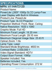 Epson V11HA72120 PowerLite L265F 3LCD Projector - Tabletop, Ceiling Mountable