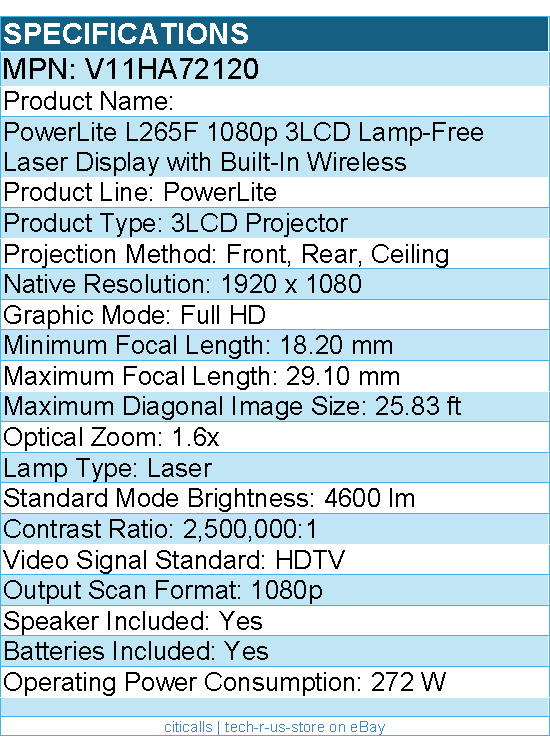 Epson V11HA72120 PowerLite L265F 3LCD Projector - Tabletop, Ceiling Mountable