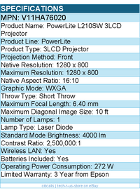 Epson V11HA76020 PowerLite L210SW Short Throw 3LCD Projector - 16:10