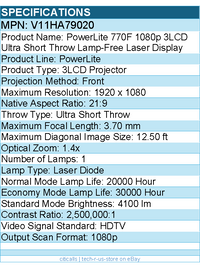 Epson V11HA79020 PowerLite 770F Ultra Short Throw 3LCD Projector - 21:9