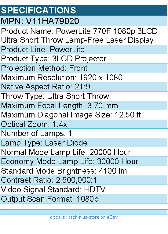 Epson V11HA79020 PowerLite 770F Ultra Short Throw 3LCD Projector - 21:9