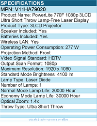 Epson V11HA79020 PowerLite 770F Ultra Short Throw 3LCD Projector