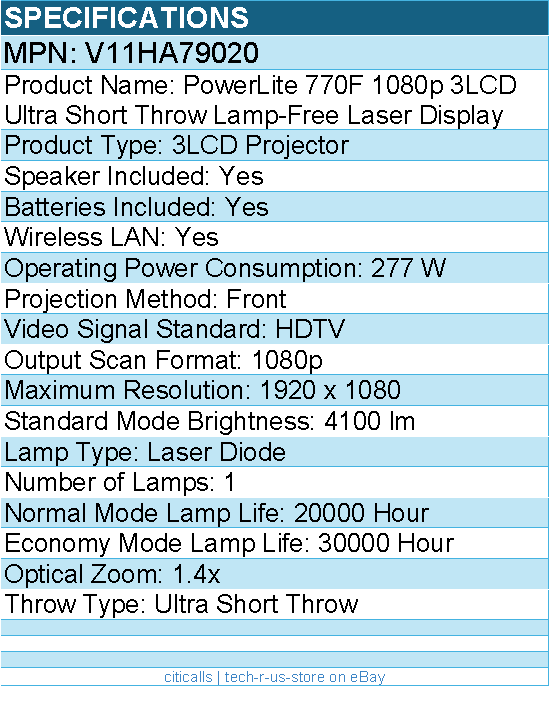 Epson V11HA79020 PowerLite 770F Ultra Short Throw 3LCD Projector