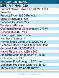 Epson V11HA81020 PowerLite 760W Ultra Short Throw 3LCD Projector - 16:10