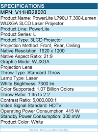 Epson V11HB28020 PowerLite L790U Standard Throw 3LCD Projector - 21:9