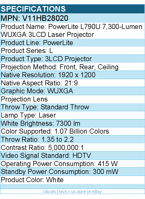Epson V11HB28020 PowerLite L790U Standard Throw 3LCD Projector - 21:9
