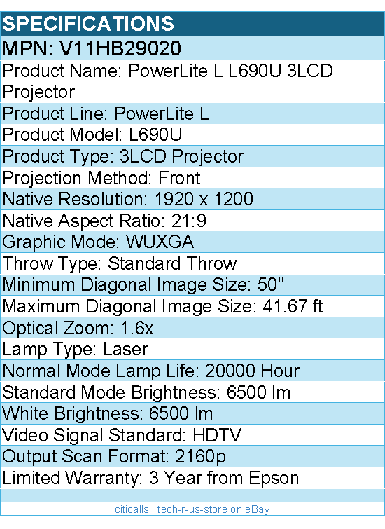 Epson V11HB29020 PowerLite L L690U Standard Throw 3LCD Projector - 21:9