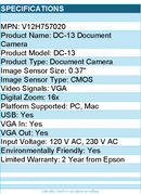Epson V12H757020 DC-13 Document Camera - 0.37" CMOS - 16x