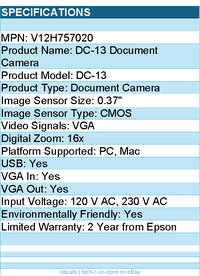 Epson V12H757020 DC-13 Document Camera - 0.37" CMOS - 16x