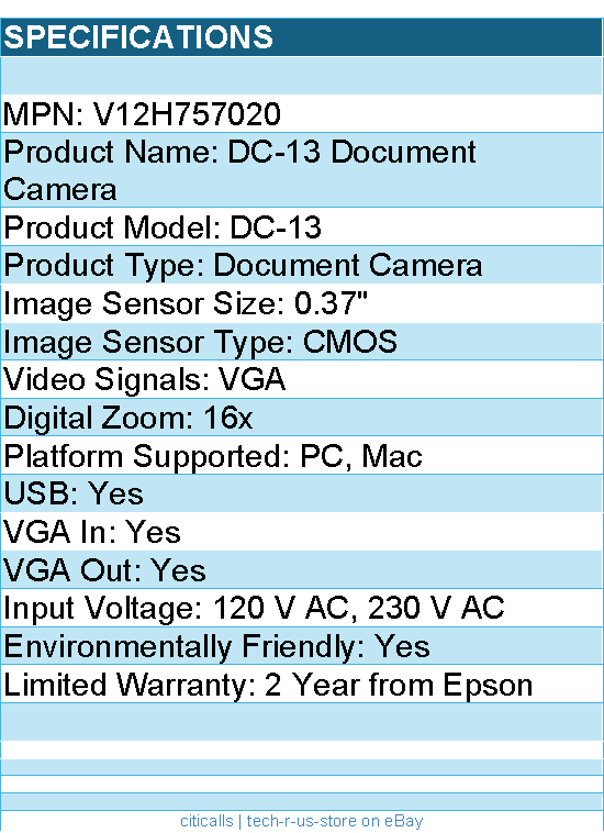 Epson V12H757020 DC-13 Document Camera - 0.37" CMOS - 16x