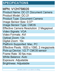 Epson V12H758020 DC-21 Document Camera - 2 Megapixel - 12x Optical Zoom