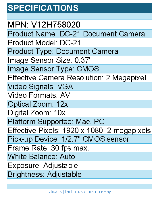 Epson V12H758020 DC-21 Document Camera - 2 Megapixel - 12x Optical Zoom