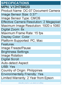 Epson V12H759020 DC-07 Document Camera - 0.37" CMOS - 8x Digital Zoom