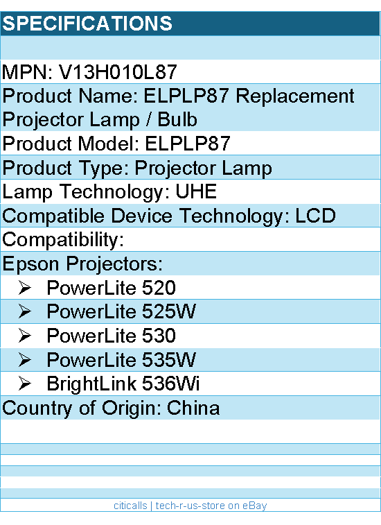 Epson V13H010L87 ELPLP87 Replacement Projector Lamp / Bulb