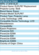 Epson V13H010L87 ELPLP87 Replacement Projector Lamp / Bulb - Projector Lamp