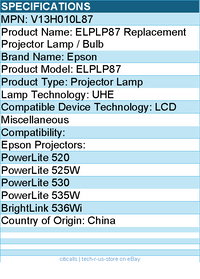 Epson V13H010L87 ELPLP87 Replacement Projector Lamp / Bulb - Projector Lamp