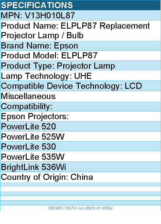 Epson V13H010L87 ELPLP87 Replacement Projector Lamp / Bulb - Projector Lamp