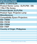 Epson V13H010L94 Lamp - ELPLP94 - EB-178x/179x Series - Projector Lamp