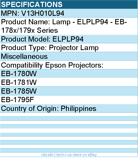 Epson V13H010L94 Lamp - ELPLP94 - EB-178x/179x Series - Projector Lamp
